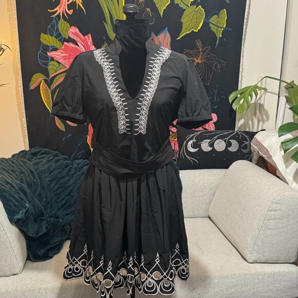 FOREVER 21 Folk Embroidered V-Neck Collared Mini Dress, Black & Tan, Large - Picture 1 of 16